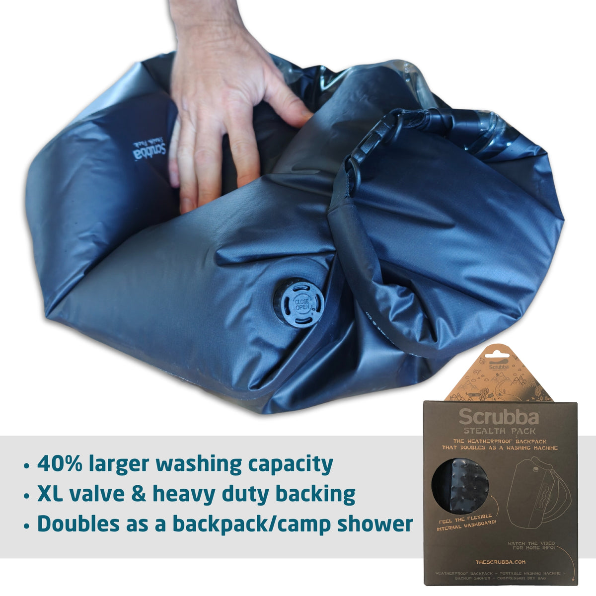 Scrubba Stealth Pack weatherproof backpack, shower, washing
