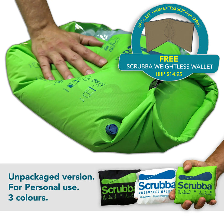 Image of hand rubbing the Scrubba wash bag to wash clothes - unpackaged version with a wallet offer